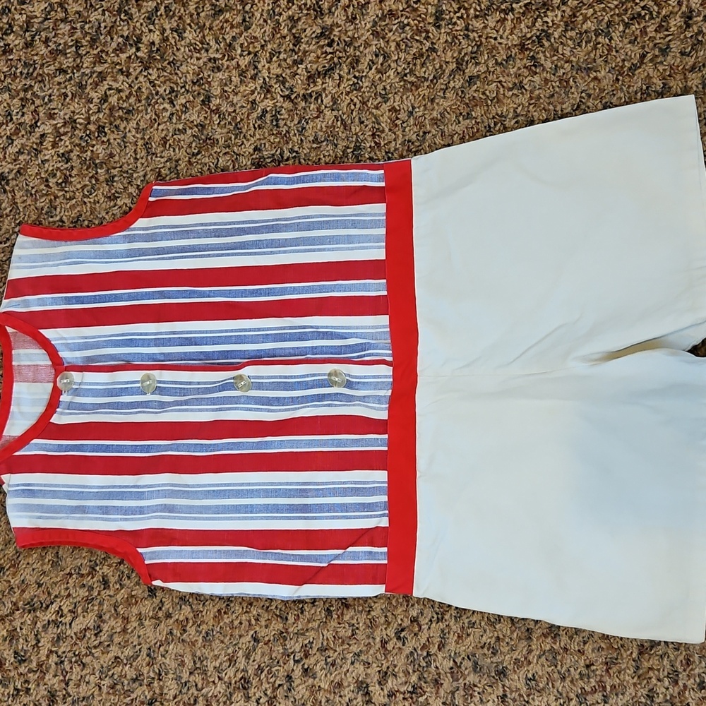 Vintage Girls Striped Sleeveless Top and Shorts Set One Piece Romper 60s 70s